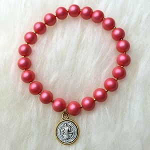 Religious Pink Glass Pearls Stretch Bracelet